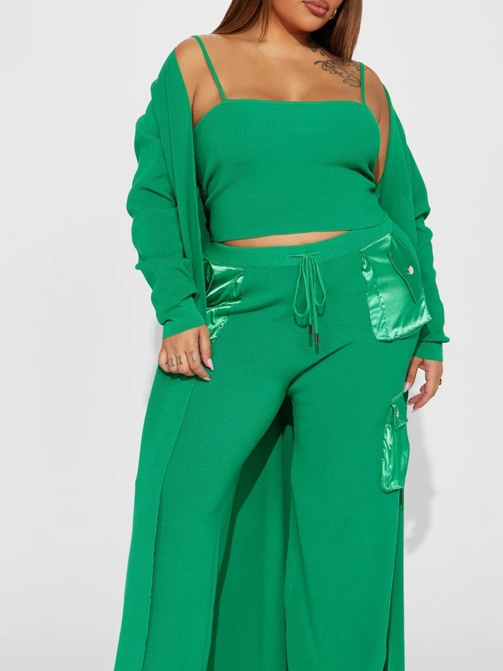 Green Knit Wide-Leg Pants with Satin Pocket Detail